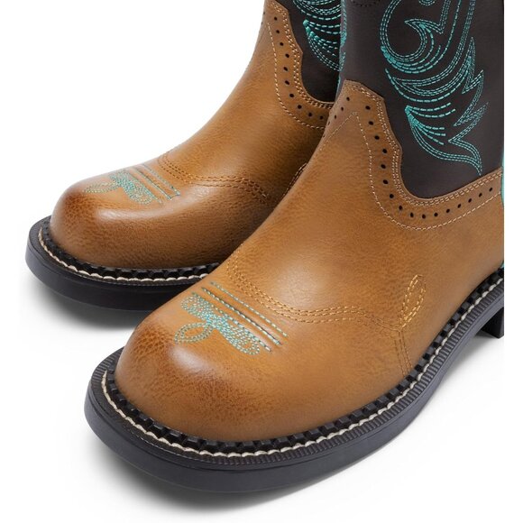 Women's Cowgirl Round Toe Embroidered Mid Calf Western Boot Concert Tan Brown - Picture 2 of 7